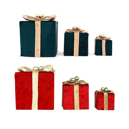 S3 Velvet Gift Boxes Burgundy & Emerald with Champagne Velvet Ribbon L18cm M12cm S8.5cm 2 assorted