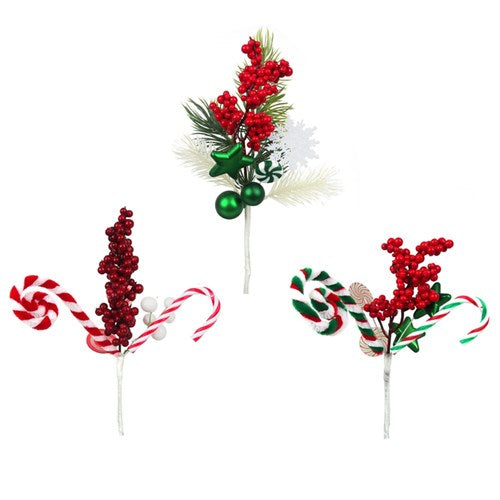 White, Red, Green Christmas Picks 29cm 3 assorted