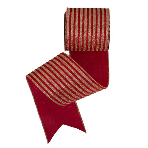 Ribbon Red Velvet with Gold Glitter Stripes & Wire Edge 10cm x 10m
