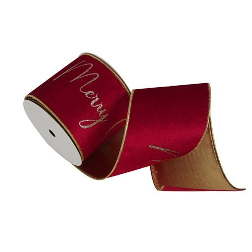 Ribbon Red Velvet with Glitter Merry Christmas & Wire Edge 10cm x 10m