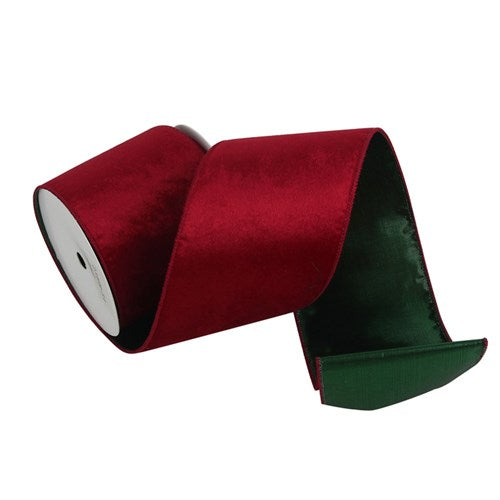 Ribbon Red Velvet with Green Underlay & Wire Edge 10cm & 10M