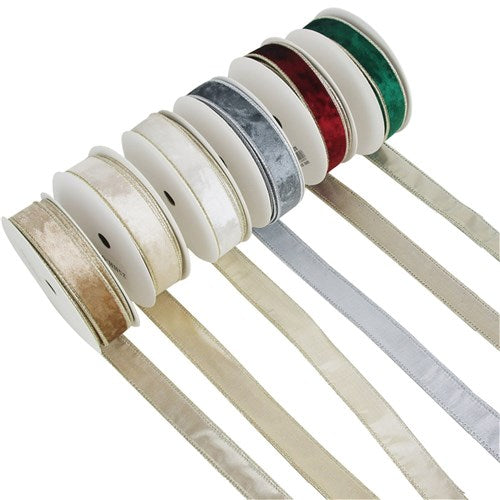 Ribbon Velvet Wire Edge Silver, Green, Champagne, White, Ivory, Burgundy 6 assorted 2.5cm X 5M