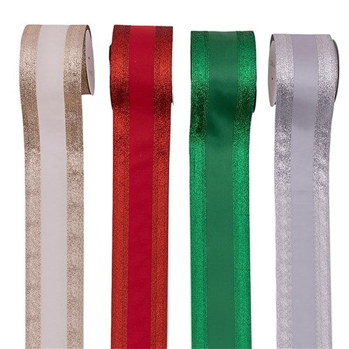 Ribbon Satin Burgundy, Green, White, Silver 6.3cm X 5M 4 assorted
