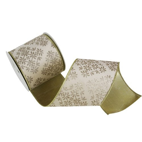 Ivory Velvet Bow with Champagne Glitter Detail with Wire Edge 10cm X 10M