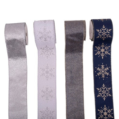 Ribbon White & Silver with Glitter Details 6.3cm X 5M 4 assorted