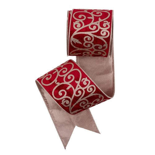 Ribbon 10cm X10M Red Velvet with Champagne Glitter Detail & Wire Edge