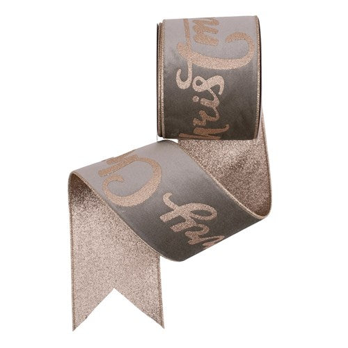 Ribbon Sage Velvet with Champagne Glitter Merry Christmas & Wire Edge 10cm x 10m