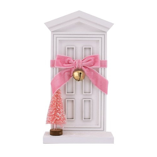 Bow White Christmas Door with Pink Tree 13.5X7.5X25.5cm