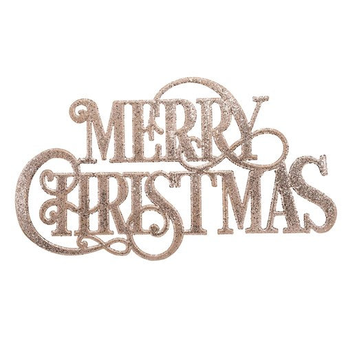 Metal Merry Christmas Wall Sign with Champagne Glitter Finish 47X26.5cm