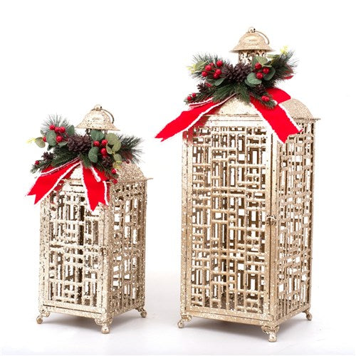 S2 Metal Lanterns with Red Bow & Berries L9.75X9.75X27.25cm 7.75X7.75X19.75cm