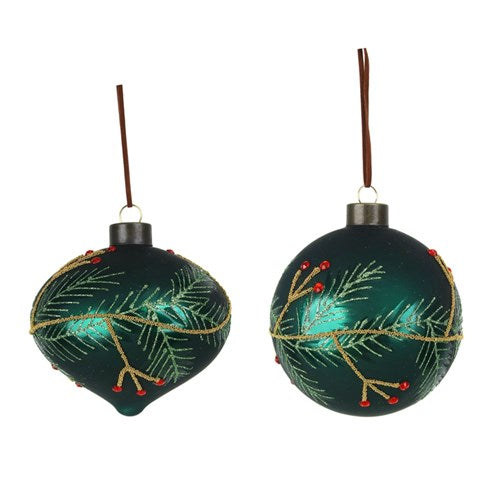 Glass Bauble 10cm Emerald Green with Berry Handpainted Finish 2 assorted