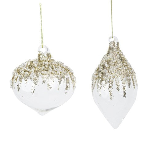 Glass Clear Finial & Onion with Glitter Detail 14cm 2 assorted