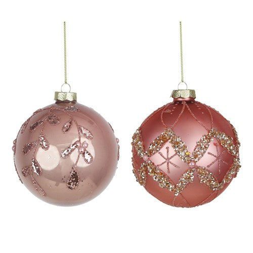 Glass Bauble 10cm Pink with Glitter Detail 2 assorted