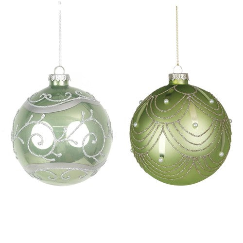 Glass Bauble 10cm Mint with Glitter Detail 2 assorted