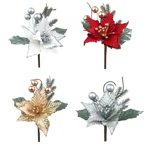 Mini Poinsettia 9X6cm White, Silver, Gold, Red 4 assorted