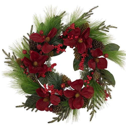 Red Magnolia Wreath with Spruce Fir & Magnolia Leaves 61cm
