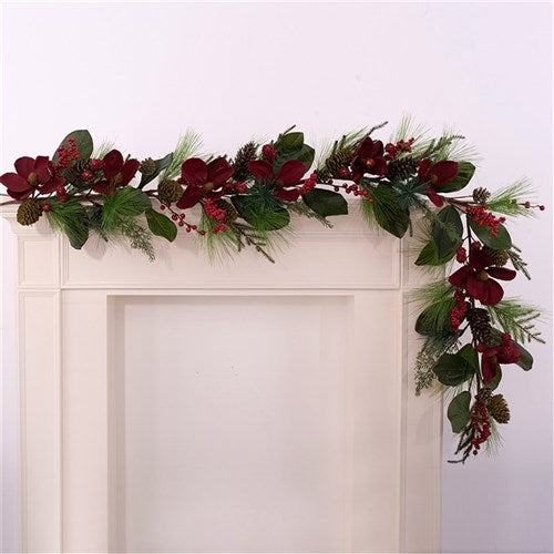 Garland 183cm Red Magnolia with Spruce Fir & Magnolia Leaves