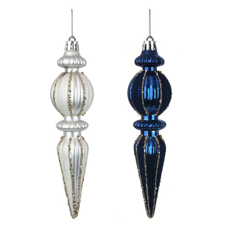 16cm silver and royal blue Christmas finial ornaments