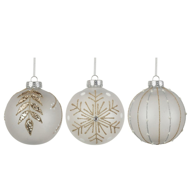 10cm white glitter Christmas baubles assorted designs