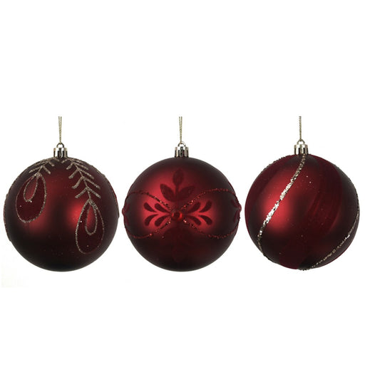 burgundy 10cm Christmas bauble with flocking and glitter