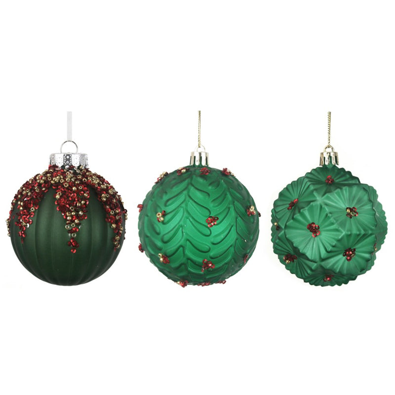 dark green 8cm bauble with red glitter details