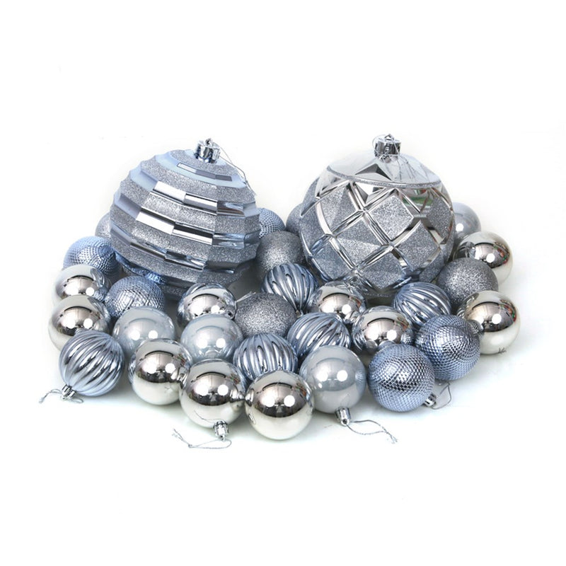 32 pack silver and Arctic blue shatterproof Christmas baubles assorted sizes