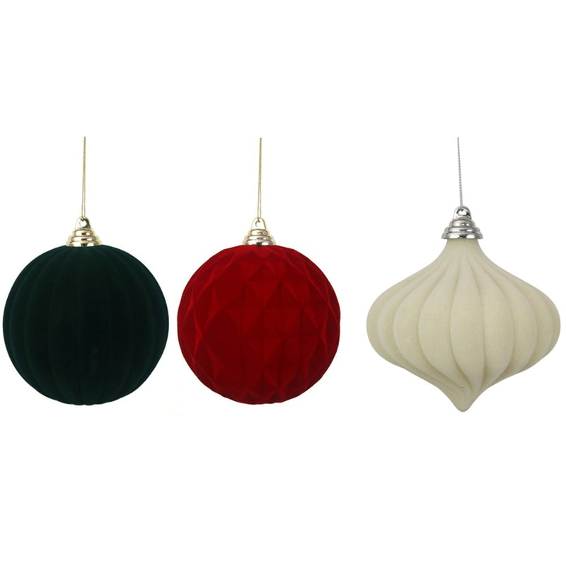 12cm flocked Christmas baubles in red ivory and forest green