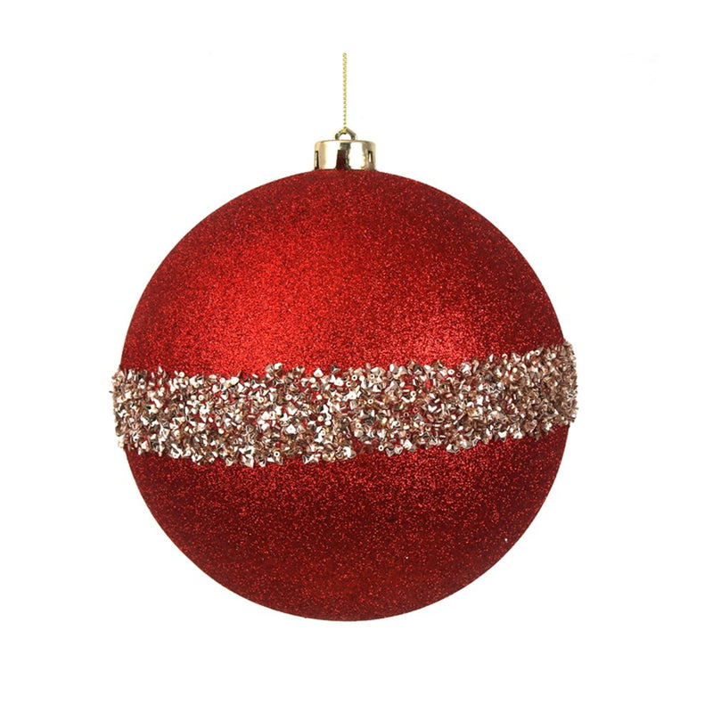 18cm red glitter Christmas ball with champagne beading