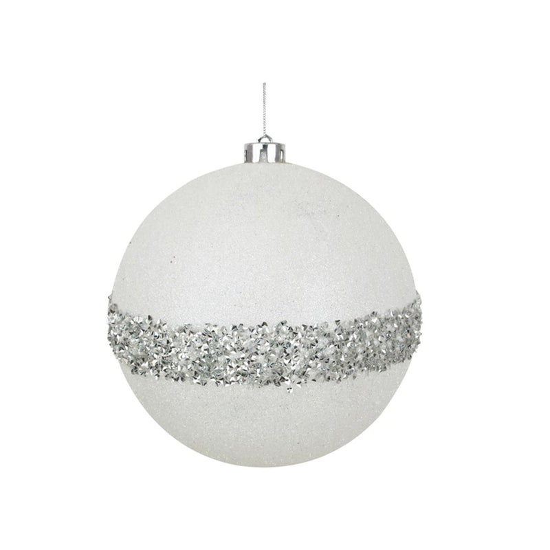 18cm white glitter Christmas ball with beaded details