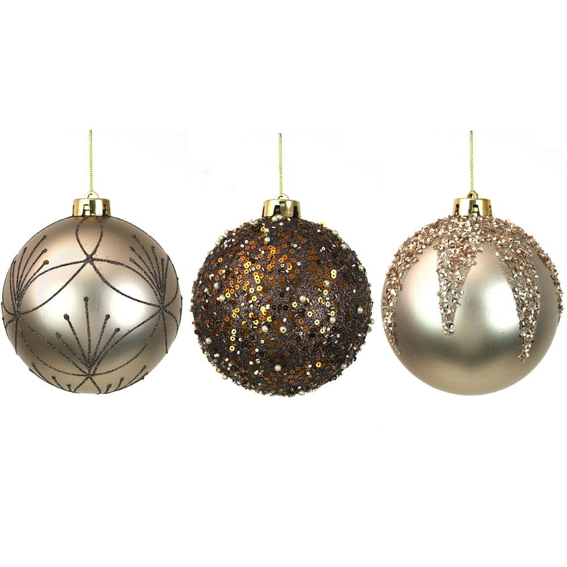 12cm champagne and chestnut detailed Christmas baubles