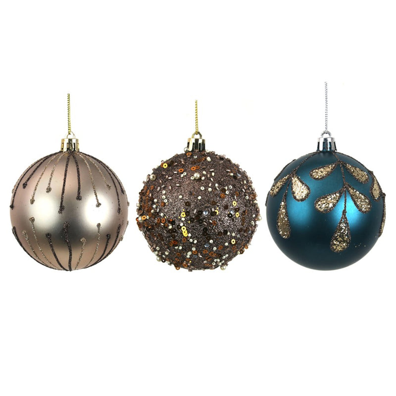 8cm handpainted shatterproof baubles in taupe copper and Adriatic blue
