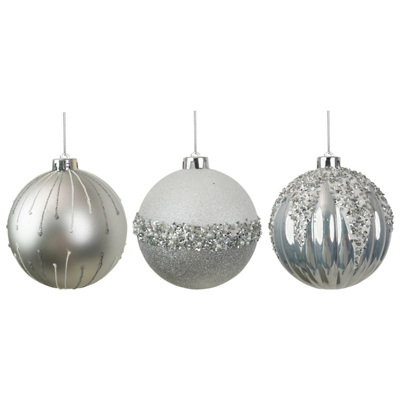 12cm silver and white decorative Christmas baubles assorted