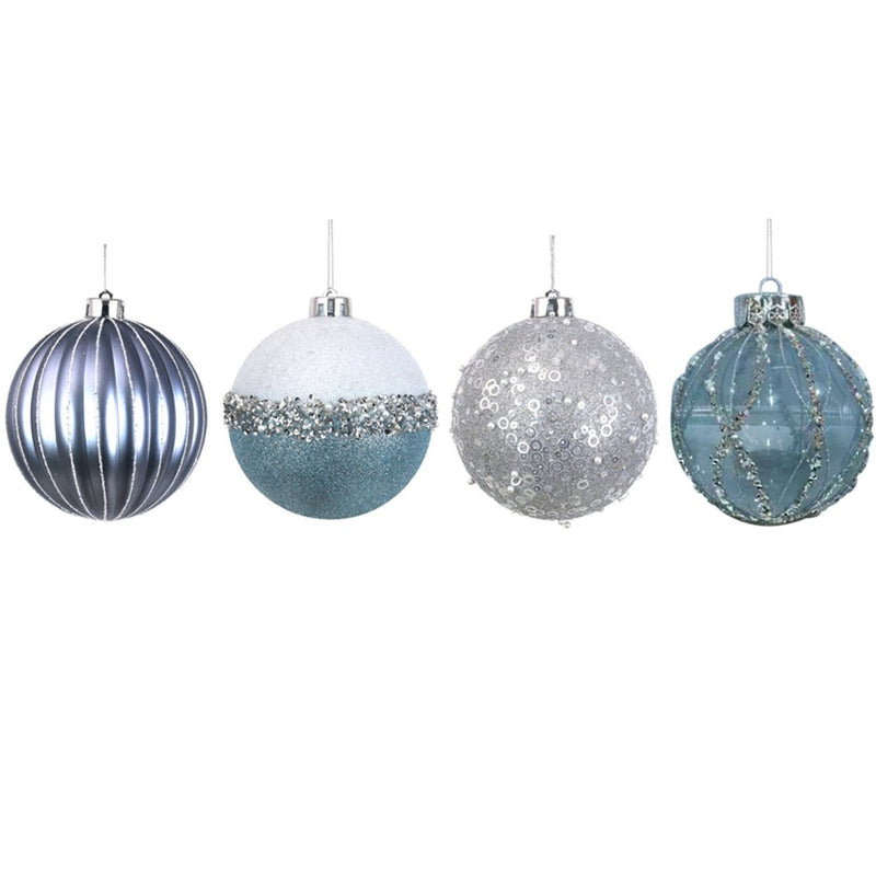 12cm glacier blue and silver Christmas baubles assorted designs