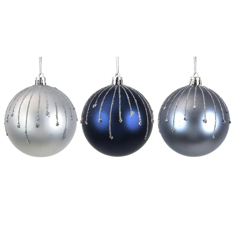 8cm shatterproof Christmas baubles in silver and blue assorted colours