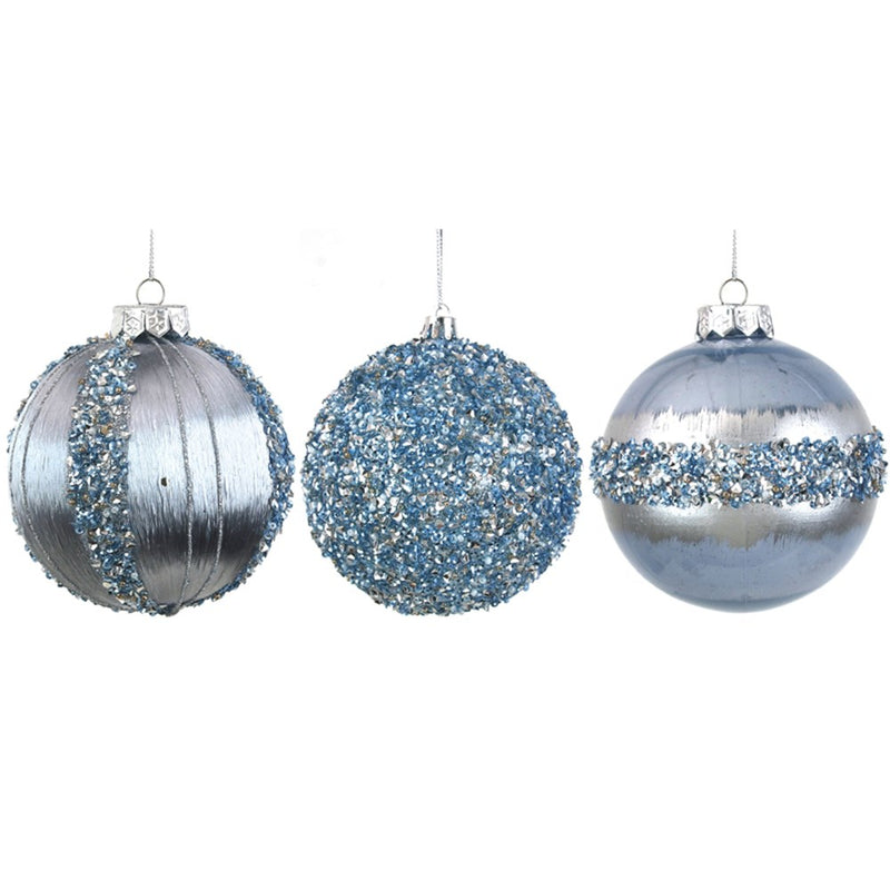 10cm Arctic blue Christmas baubles with glitter details
