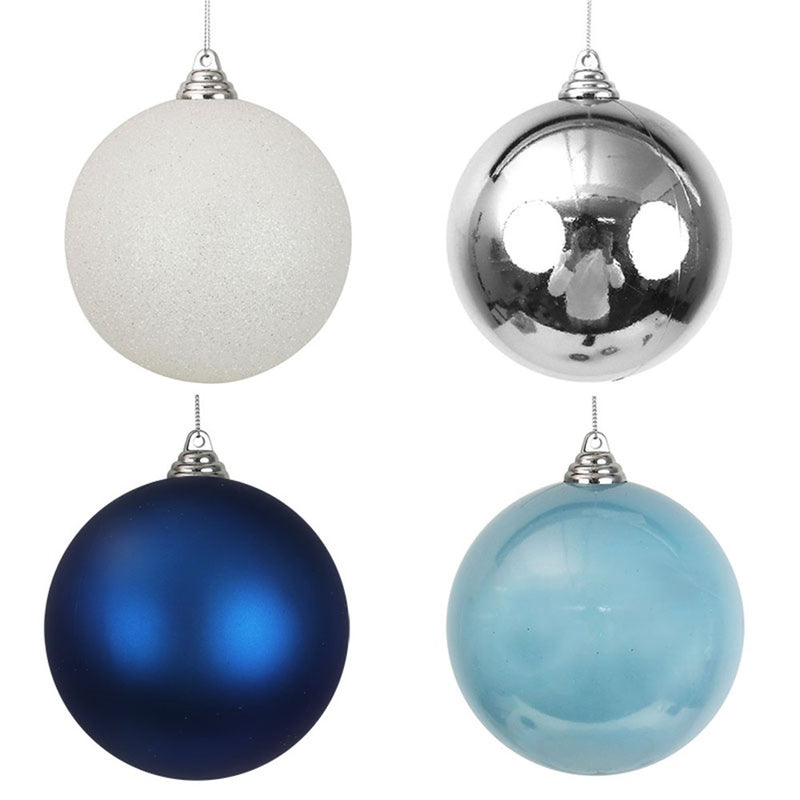 12cm shatterproof Christmas baubles in silver white and blue assorted finishes