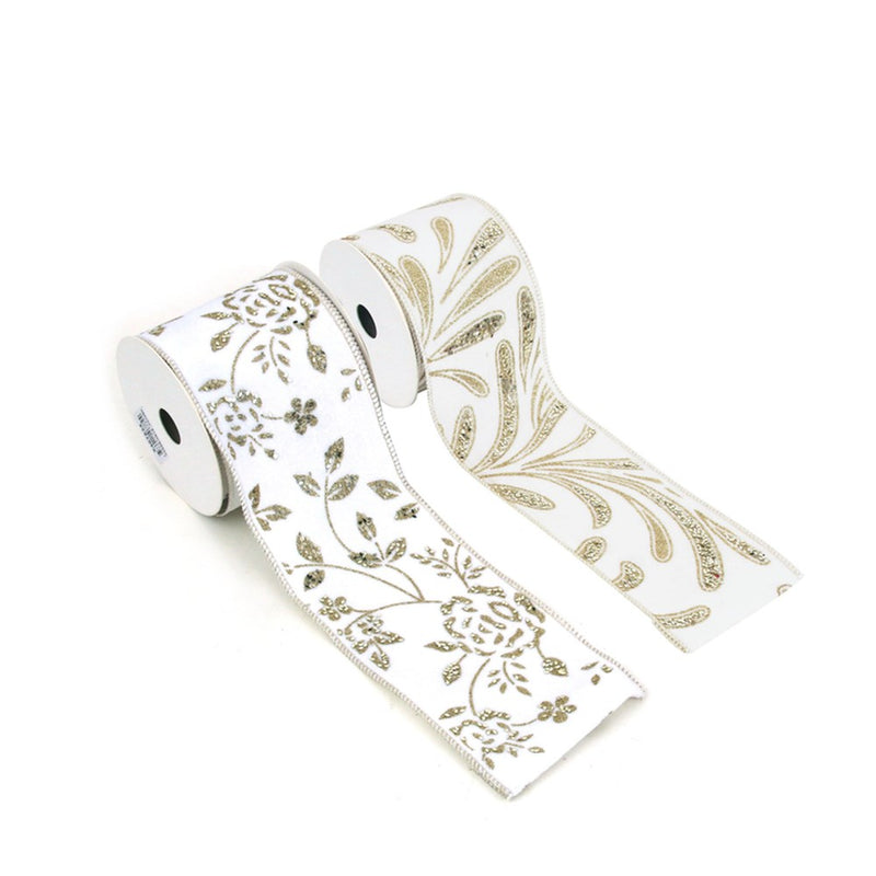 ivory velvet Christmas ribbon with gold details 9cm x 5m