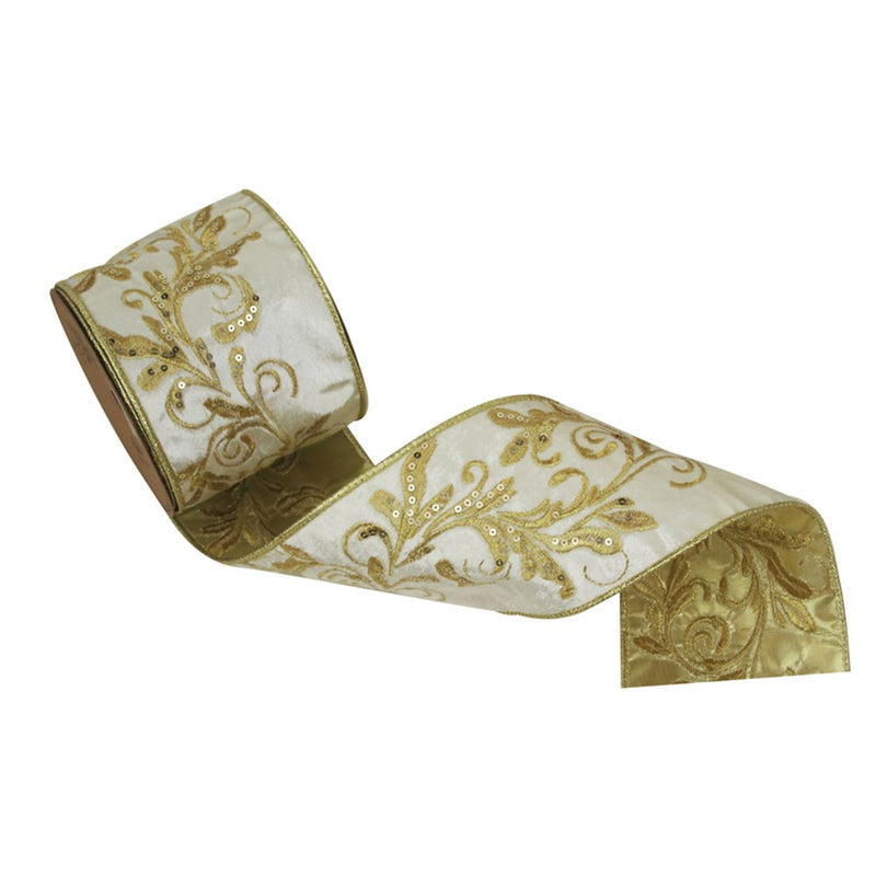 ivory velvet Christmas ribbon with champagne embroidery 10cm x 10m