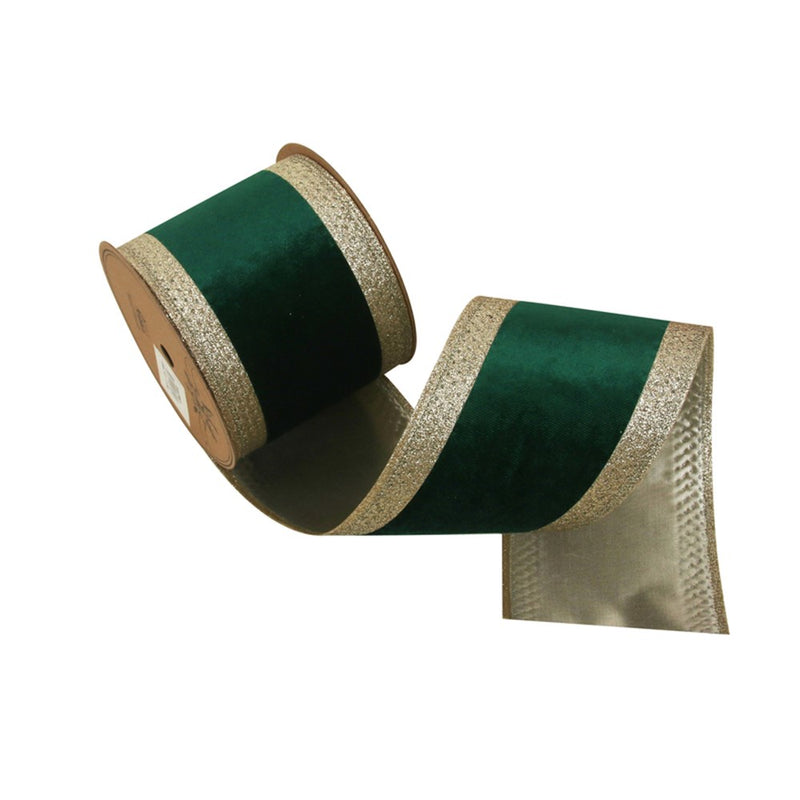 emerald green velvet Christmas ribbon with champagne edging 10cm x 5m