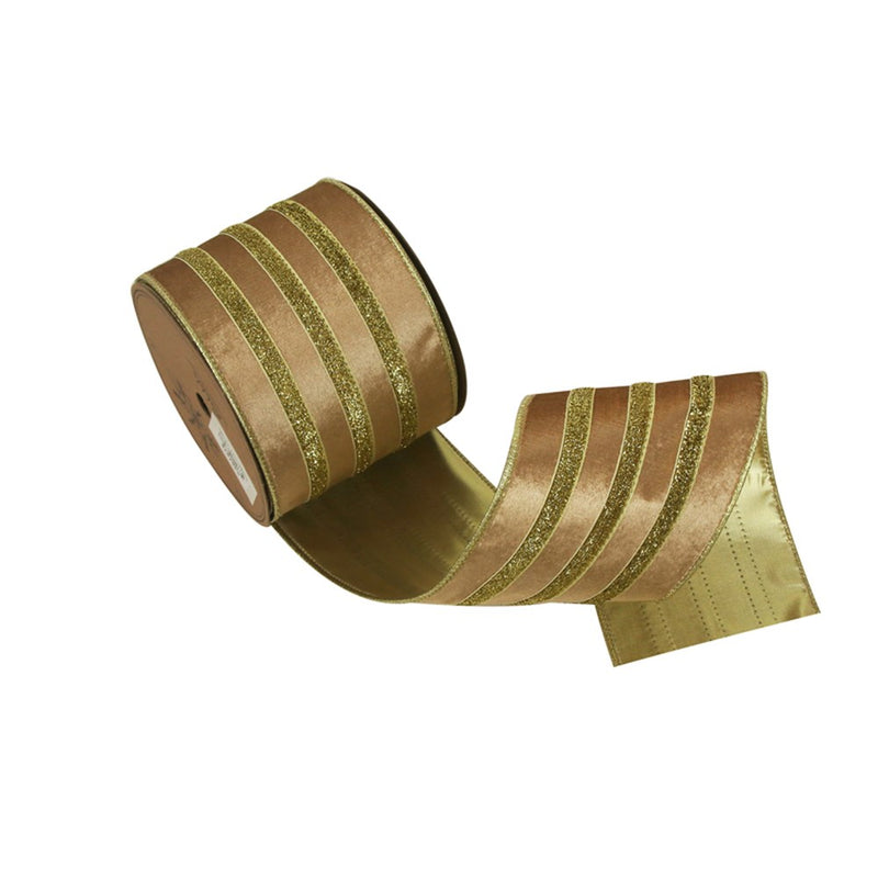 gold velvet wired Christmas ribbon with sparkly details 10cm x 5m