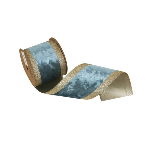 sky blue velvet Christmas ribbon with champagne edging 10cm x 5m