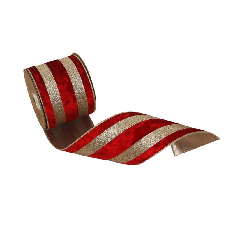 red velvet Christmas ribbon with champagne details wired edge 10cm x 5m