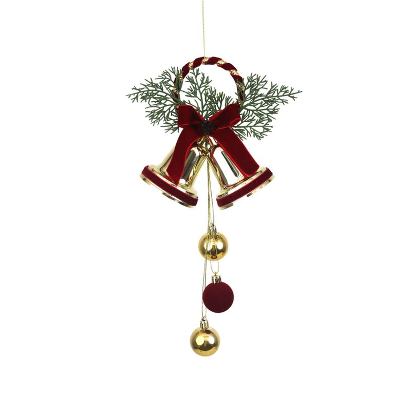 gold Christmas bells with burgundy ribbon