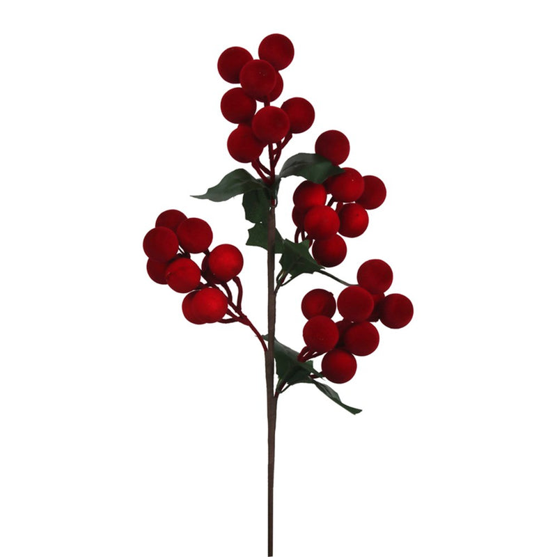 52cm flocked red berry Christmas stem with leaves