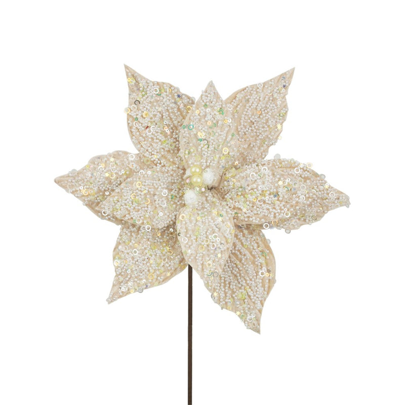 33cm ivory velvet poinsettia with pearl details