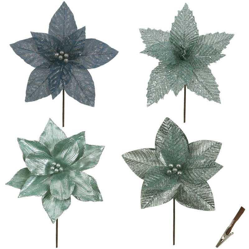 large silver poinsettia Christmas clips in assorted designs