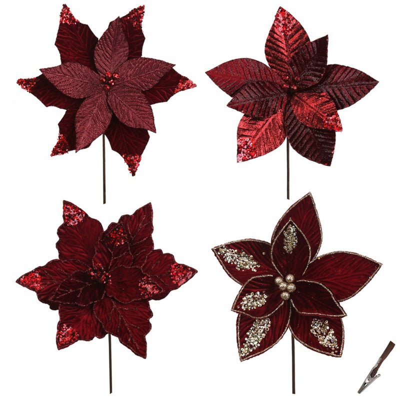 burgundy velvet poinsettia Christmas clips assorted