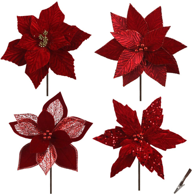 large red poinsettia Christmas clips in 4 assorted designs