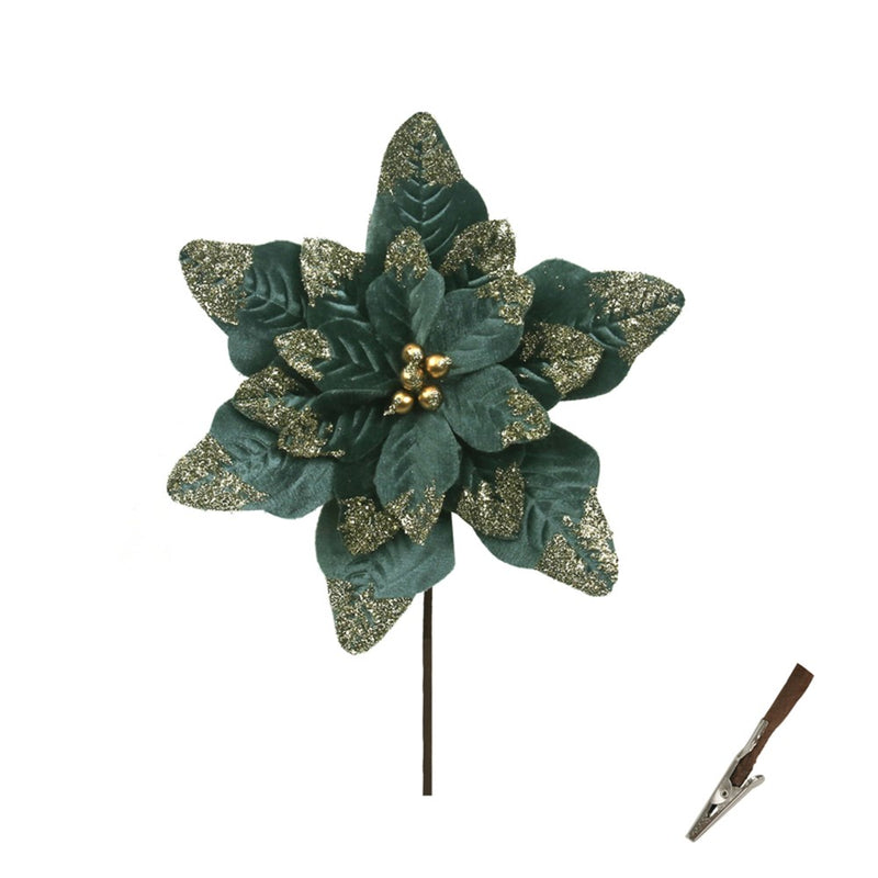 22cm sage velvet poinsettia with platinum glitter
