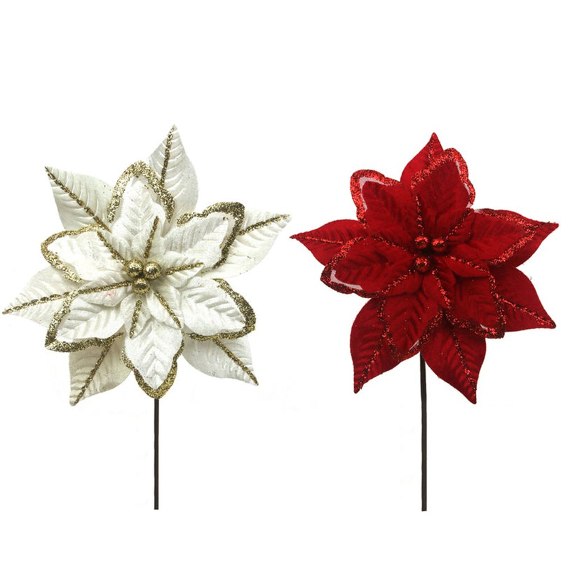 17cm velvet poinsettia in deep red and ivory assorted designs